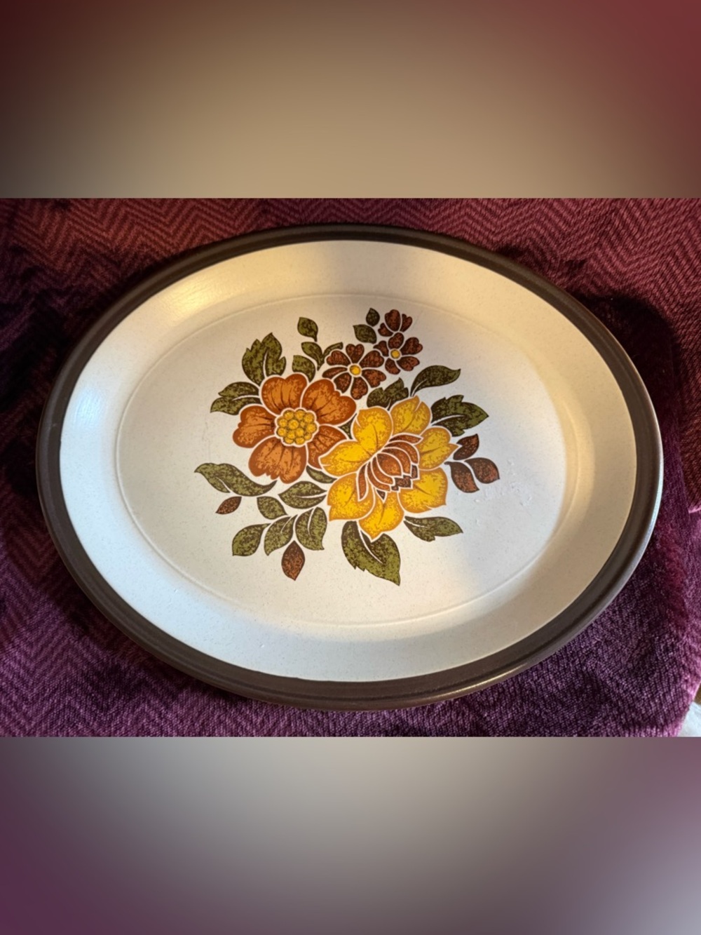Vintage Floral Ceramic Serving Platter - Yellow & Brown Flower Motif